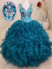 Attractive Organza V-neck Sleeveless Backless Beading and Embroidery and Ruffles Quince Ball Gowns in Teal
