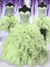  Four Piece Sequins Sweetheart Sleeveless Lace Up Quinceanera Dress Yellow Green Organza
