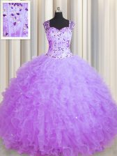 Fitting See Through Zipper Up Ball Gowns 15th Birthday Dress Lavender Square Tulle Sleeveless Floor Length Zipper