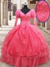 Extravagant Pink Ball Gowns Organza V-neck Half Sleeves Beading and Embroidery and Ruffled Layers Floor Length Zipper Sweet 16 Dress
