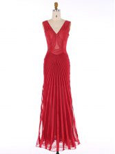 Beauteous Sequins Mermaid Prom Party Dress Red V-neck Chiffon Sleeveless Floor Length Zipper