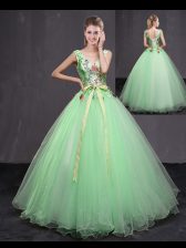  Apple Green Ball Gowns V-neck Sleeveless Tulle Floor Length Lace Up Appliques and Belt Quinceanera Dresses