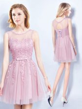 Edgy Scoop Appliques and Belt Court Dresses for Sweet 16 Pink Lace Up Sleeveless Mini Length