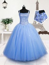 Sequins Ball Gowns Little Girl Pageant Gowns Baby Blue Straps Tulle Sleeveless Floor Length Lace Up