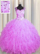  See Through Zipper Up Organza Square Sleeveless Zipper Beading and Ruffles Ball Gown Prom Dress in Lilac