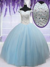  Light Blue Ball Gowns Tulle Off The Shoulder Sleeveless Beading Floor Length Lace Up Vestidos de Quinceanera