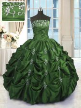 Glamorous Pick Ups Green Sleeveless Taffeta Lace Up 15th Birthday Dress for Military Ball and Sweet 16 and Quinceanera