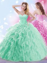 Adorable With Train Apple Green Quince Ball Gowns Tulle Brush Train Sleeveless Beading and Ruffles