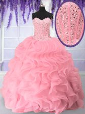  Pink Sweetheart Neckline Beading and Ruffles Vestidos de Quinceanera Sleeveless Lace Up
