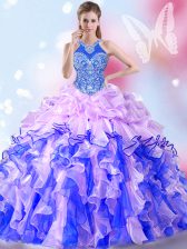 High Class Halter Top Sleeveless Organza Quinceanera Dress Beading and Ruffles and Pick Ups Lace Up