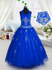 Inexpensive Blue Pageant Gowns For Girls Party and Wedding Party with Appliques Halter Top Sleeveless Lace Up