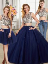  Three Piece Scoop Cap Sleeves Tulle With Brush Train Backless Sweet 16 Dress in Navy Blue with Beading