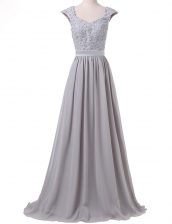  Scoop Grey Chiffon Lace Up Prom Dress Cap Sleeves Floor Length Lace and Pleated