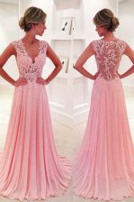 Hot Sale Pink Side Zipper V-neck Lace Evening Dress Chiffon Sleeveless Sweep Train