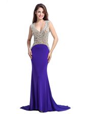  Purple Column/Sheath Beading Prom Party Dress Backless Elastic Woven Satin Sleeveless With Train