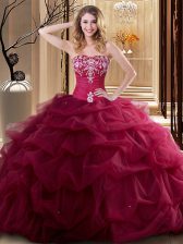 High Quality Wine Red Ball Gowns Tulle Sweetheart Sleeveless Embroidery and Ruffles Floor Length Lace Up Quinceanera Dresses