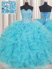 Elegant Visible Boning Floor Length Baby Blue 15th Birthday Dress Organza Sleeveless Beading and Ruffles