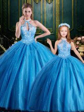  Halter Top Sleeveless Tulle Floor Length Lace Up Ball Gown Prom Dress in Baby Blue with Beading and Appliques