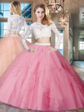 Best Two Pieces 15th Birthday Dress Rose Pink Scoop Tulle Long Sleeves Floor Length Zipper
