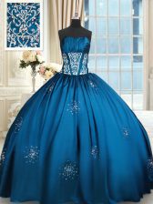 Fabulous Sleeveless Taffeta Floor Length Lace Up Sweet 16 Dress in Blue and Teal with Beading and Appliques and Ruching