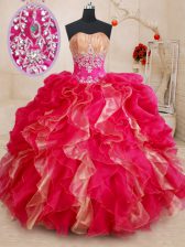 Fantastic Beading and Ruffles 15th Birthday Dress Red Lace Up Sleeveless Floor Length