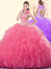 Graceful Backless Floor Length Coral Red Sweet 16 Dresses Tulle Sleeveless Beading and Ruffles