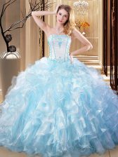 Hot Sale Light Blue Sleeveless Floor Length Embroidery and Ruffles Lace Up Quinceanera Gown