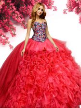 Affordable Floor Length Lace Up Quinceanera Dresses Red for Military Ball and Sweet 16 and Quinceanera with Beading and Ruffles