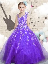  Floor Length Lilac Kids Formal Wear Organza Sleeveless Beading and Appliques and Hand Made Flower
