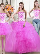  Three Piece Mermaid Strapless Sleeveless 15 Quinceanera Dress Floor Length Beading and Appliques and Ruffles Fuchsia Tulle