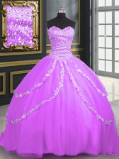 Sleeveless Tulle With Brush Train Lace Up Quinceanera Gown in Lilac with Beading and Appliques