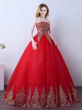 High End Sleeveless Floor Length Appliques and Sequins Lace Up 15th Birthday Dress with Red