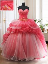 Free and Easy White And Red Sweetheart Lace Up Beading and Ruffled Layers Ball Gown Prom Dress Brush Train Sleeveless