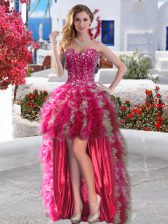Smart Sleeveless Organza High Low Lace Up Homecoming Dress in Fuchsia with Beading and Ruffles