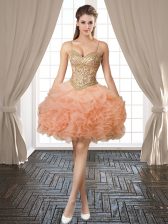Attractive Peach Ball Gowns Beading and Ruffles and Pick Ups Dress for Prom Backless Organza Sleeveless Mini Length