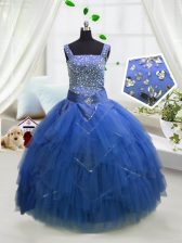  Beading and Ruffles Kids Formal Wear Royal Blue Lace Up Sleeveless Floor Length