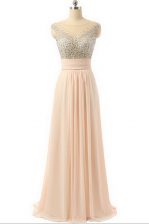  Sequins Peach Dress for Prom Scoop Sleeveless Sweep Train Side Zipper