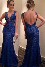 Charming Blue Column/Sheath V-neck Sleeveless Lace With Brush Train Backless Lace Prom Dress
