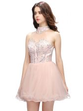 Superior Pink High-neck Neckline Beading Prom Evening Gown Sleeveless Zipper