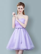  Lavender Zipper Dama Dress for Quinceanera Ruching and Bowknot Sleeveless Knee Length