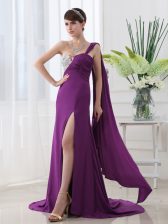  One Shoulder Sleeveless Elastic Woven Satin With Brush Train Zipper Homecoming Dress in Purple with Beading and Sashes ribbons