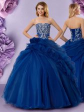 New Arrival Floor Length Royal Blue Sweet 16 Quinceanera Dress Organza Sleeveless Beading and Ruffles and Hand Made Flower