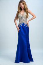  Royal Blue Column/Sheath V-neck Sleeveless Chiffon Floor Length Backless Beading Homecoming Dress