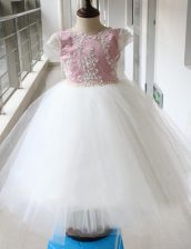 Spectacular White and Lilac Flower Girl Dresses Party and Wedding Party with Beading Scoop Cap Sleeves Zipper