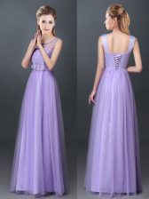 Cute Empire Damas Dress Lavender Scoop Tulle Sleeveless Floor Length Lace Up