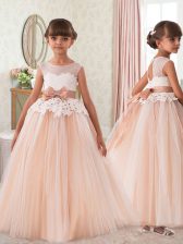 Beauteous Scoop Peach Ball Gowns Sashes ribbons and Bowknot Kids Pageant Dress Zipper Tulle Sleeveless Floor Length