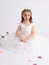  Scoop Tea Length White Flower Girl Dresses for Less Tulle Cap Sleeves Lace and Appliques and Hand Made Flower