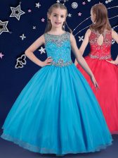  Scoop Baby Blue Ball Gowns Beading Kids Pageant Dress Zipper Organza Sleeveless Floor Length