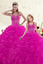 Great Fuchsia Sleeveless Floor Length Beading and Ruffles Lace Up Sweet 16 Dresses