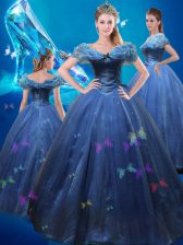  Cinderella Off the Shoulder Navy Blue A-line Beading and Bowknot 15th Birthday Dress Lace Up Tulle Sleeveless Floor Length